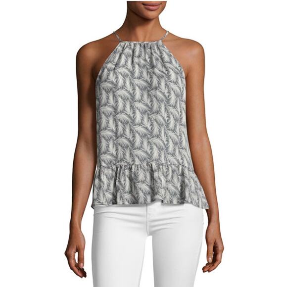 Joie Faustine Feathers Print High Neck Halter Tank Top Silk Gray White XS / S - Picture 1 of 5